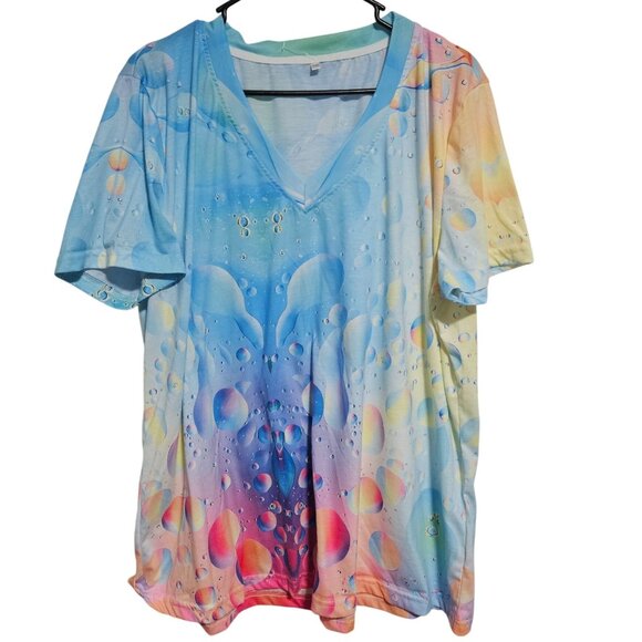Colorful Bubble Pattern V-Neck T-Shirt Womens Plus Size 5XL Boho Short Sleeve - Picture 1 of 5